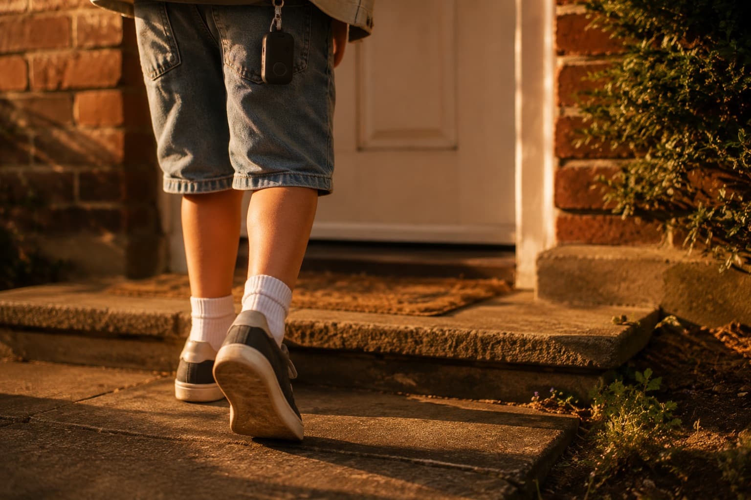A child in denim shorts stepping up to a front door, a small dark device clipped to their belt loop