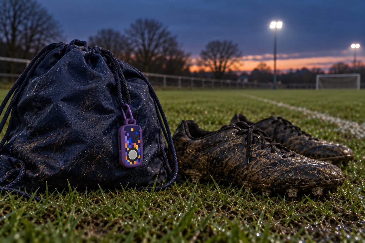 A purple Yado device clipped to a wet drawstring kit bag beside muddy football boots on a floodlit pitch at dusk.