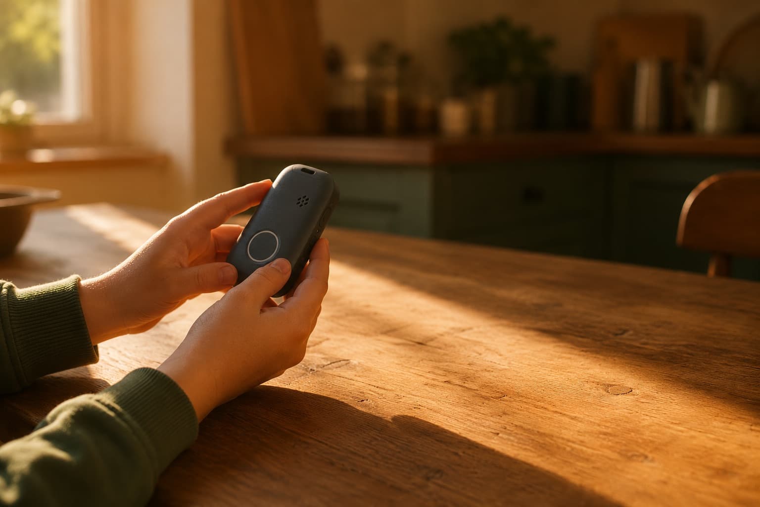 A child’s hands turning over a small charcoal device at a kitchen table in evening light