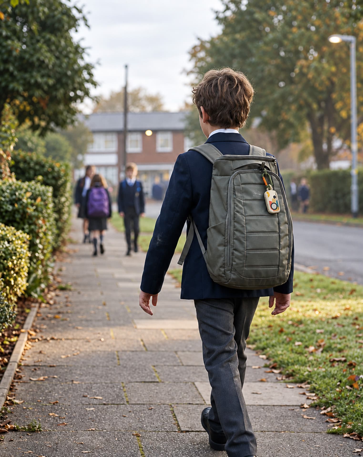 A boy in school uniform walking to school on his own, a small Yado device clipped to his backpack strap.