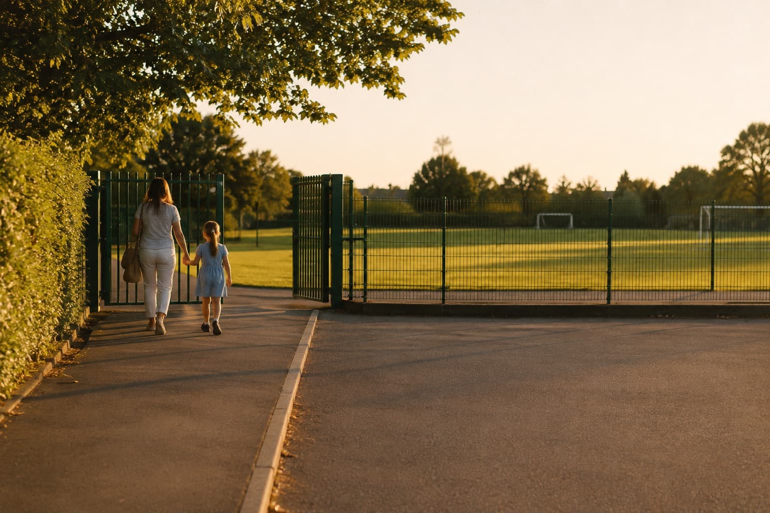 A parent and child walking out through a school gate on a summer evening