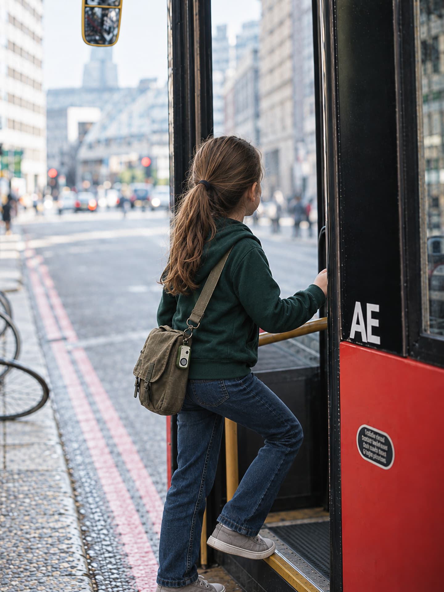 Two girls at a bus stop: one sitting looking down at a smartphone, the other walking off ahead with a Yado clipped to her bag.